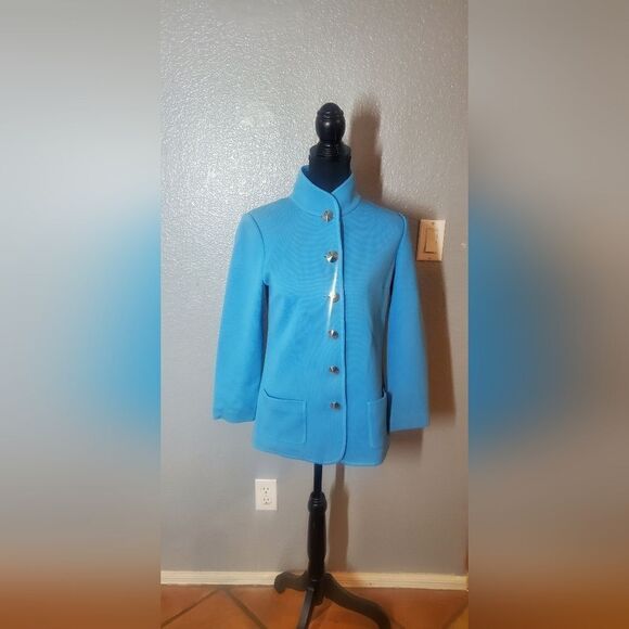 St. John Light Blue 100% Wool Knit Jacket Women’s Classic Open Front Blazer - Picture 2 of 15